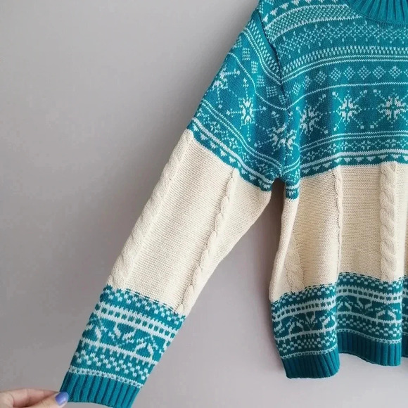 Vintage Fair Isle Fisherman Cable Knit Cotton Ramie Lambswool Sweater Medium - Picture 8 of 15